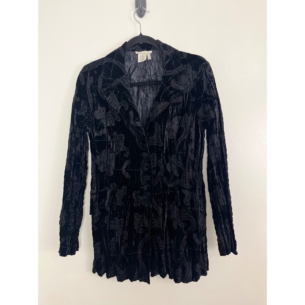 Vintage Whimsigoth Floral Burnout Velvet Blazer Women Large‎ Black Crinkle